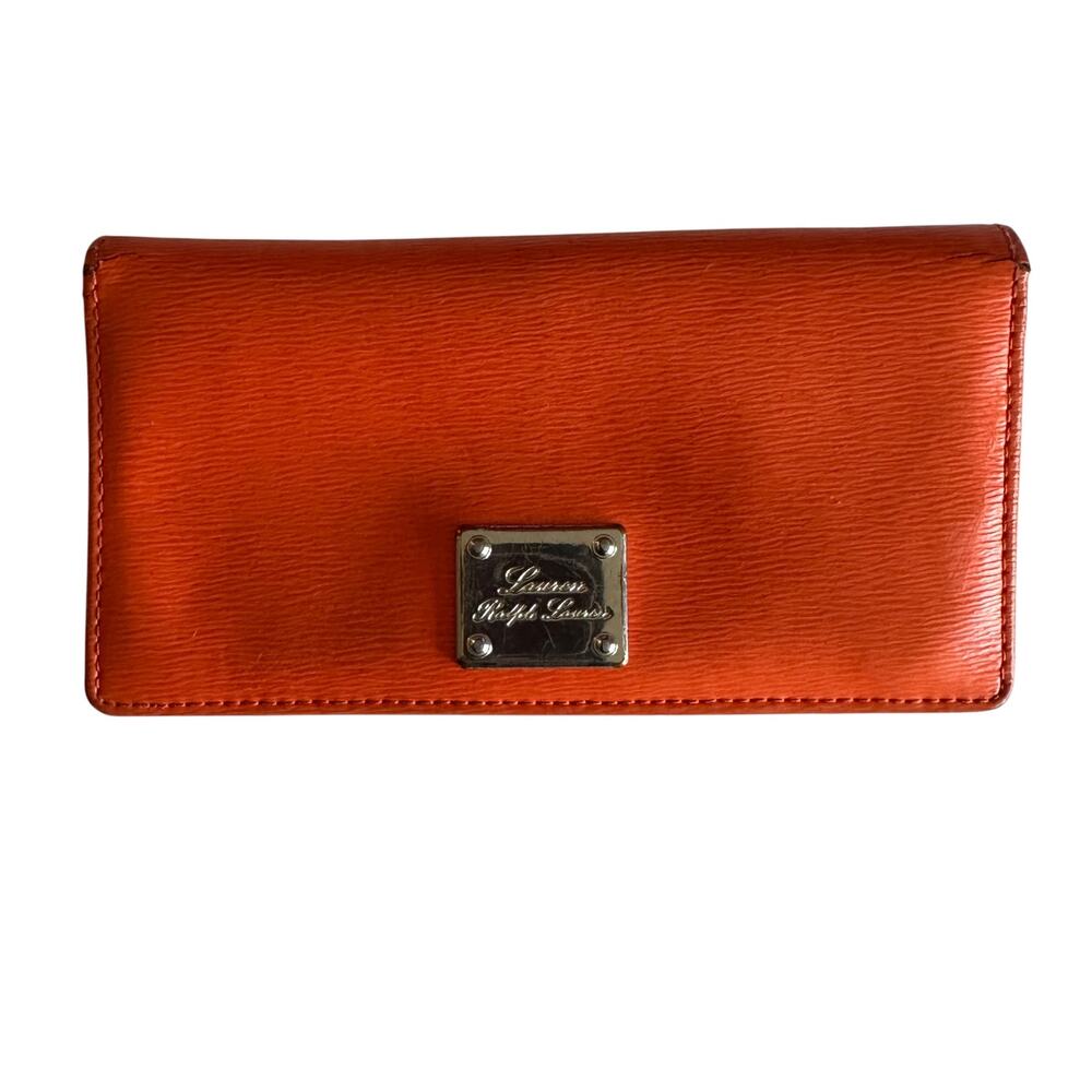 Lauren Ralph Lauren Orange Leather Wallet Bifold Logo Preppy